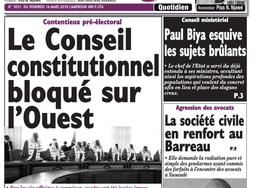 Cameroun: journal Le Messager parution du 16 mars 2018