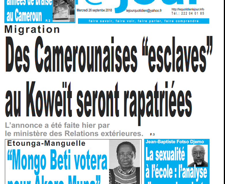 Cameroun : Journal le jour parution 26 septembre 2018