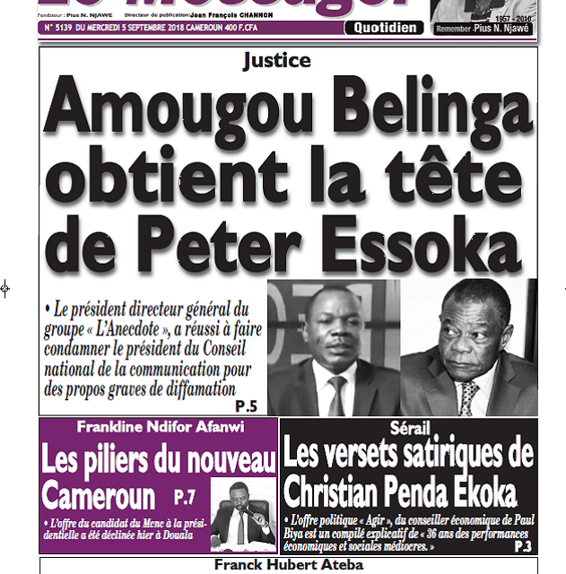 Cameroun : Journal messager parution 05 septembre 2018