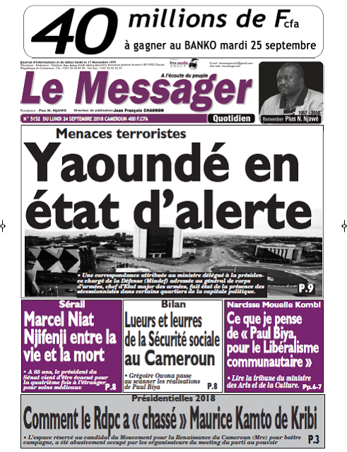 Cameroun : Journal le Messager parution 24 septembre 2018