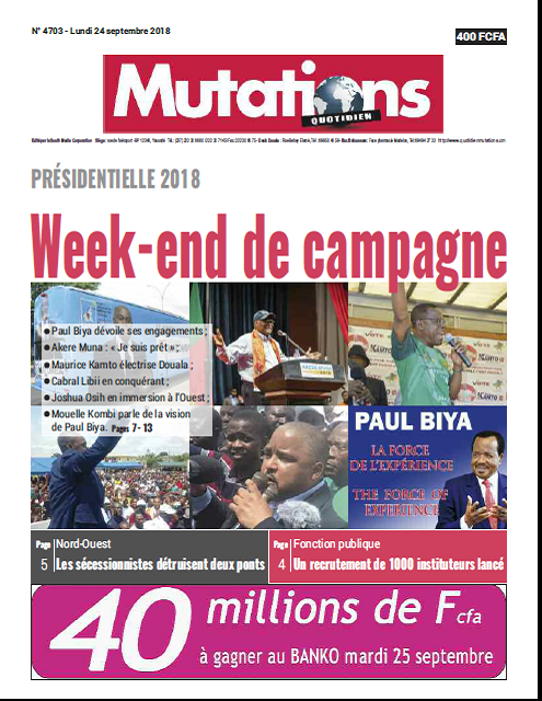 Cameroun : Journal Mutations quotidien parution 24 septembre 2018