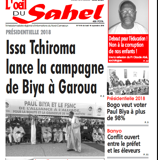 Cameroun : Journal L’œil du  Sahel parution 11 septembre 2018