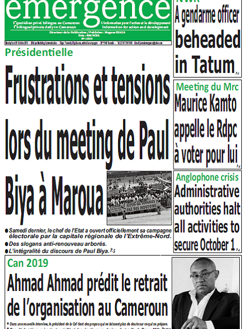 Cameroun : Journal quotidien émergence parution 1er octobre 2018