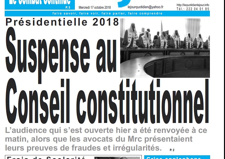 Cameroun :  Journal le jour parution 17 octobre 2018
