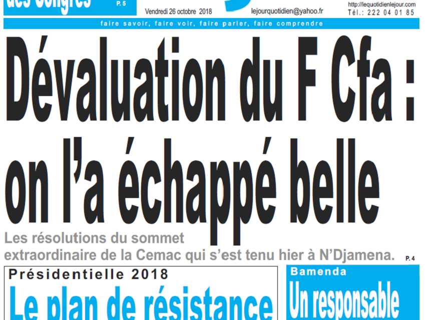 Cameroun : Journal Le jour parution 26 octobre 2018