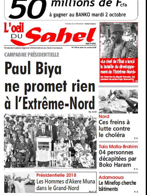 Cameroun : Journal L’œil du sahel parution 1er octobre 2018