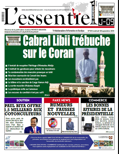 Cameroun : Journal L’essentiel parution 28 septembre 2018