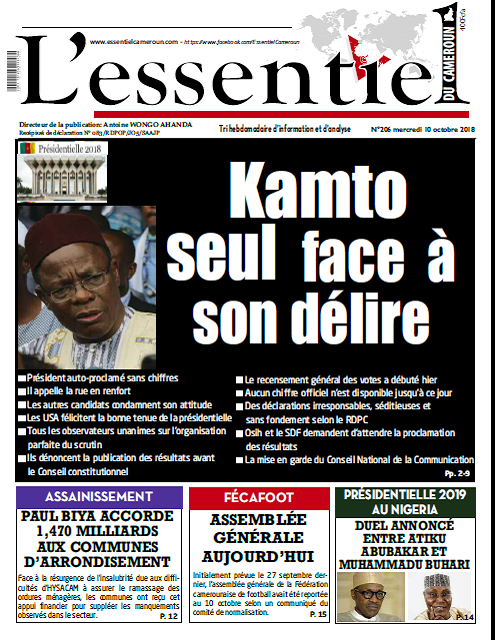 Cameroun : Journal l’Essentiel parution 10 octobre 2018